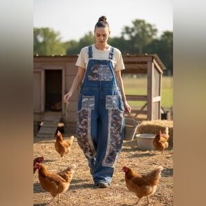 POL camo boho floral mix patchwork print wide raw hem overalls size medium 8 /10